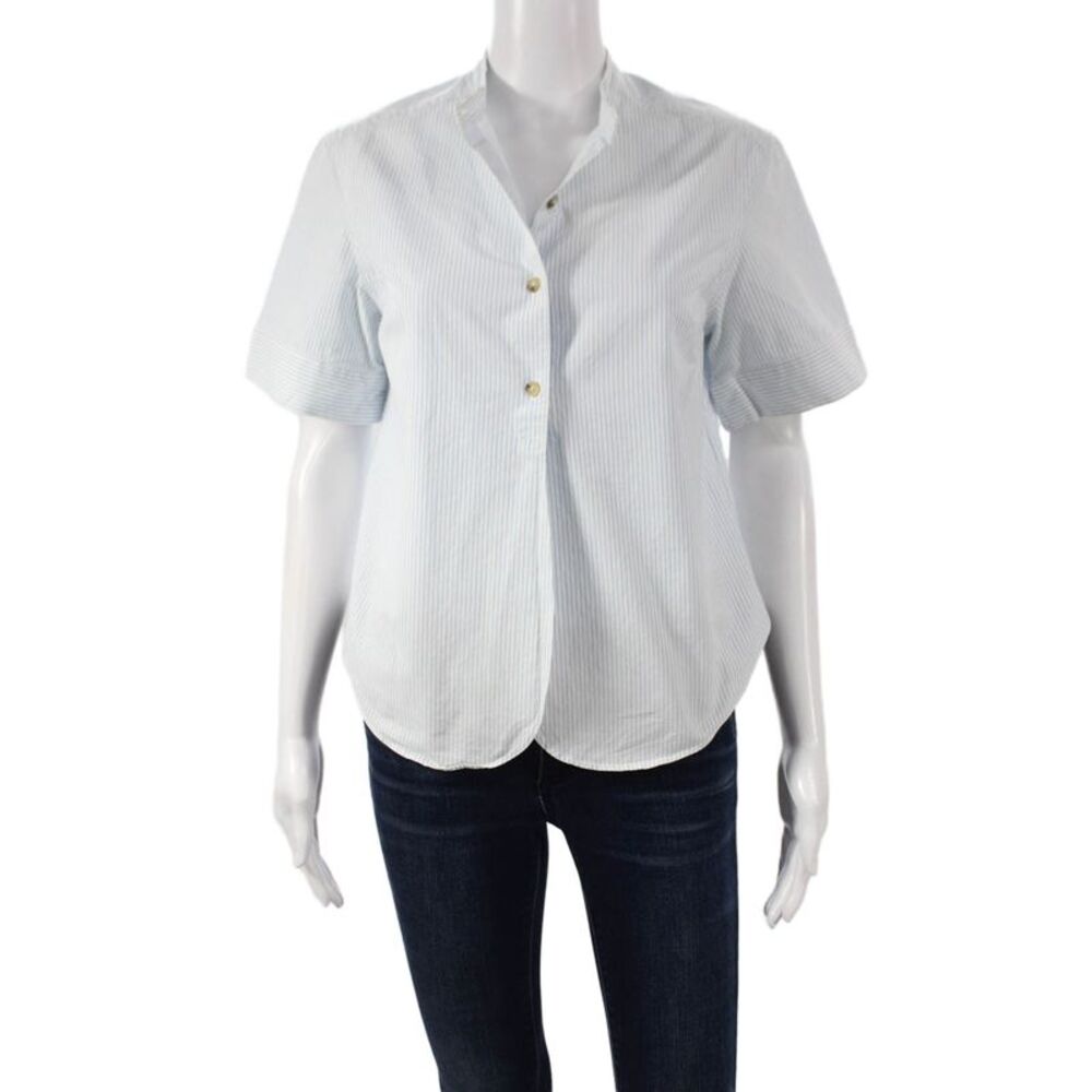 Creatures Of Comfort Women White Striped V-Neck Short Sleeve Blouse Size 4